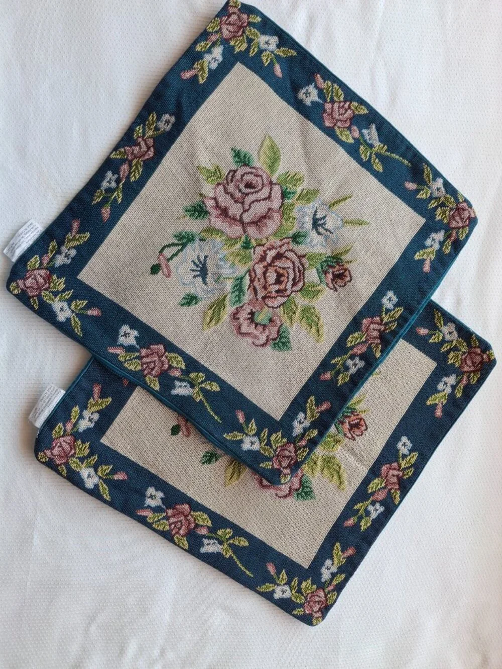 Set of 2 Floral Tapestry Pillow Covers 16x16 Blue Rose Vintage Cottage Decor